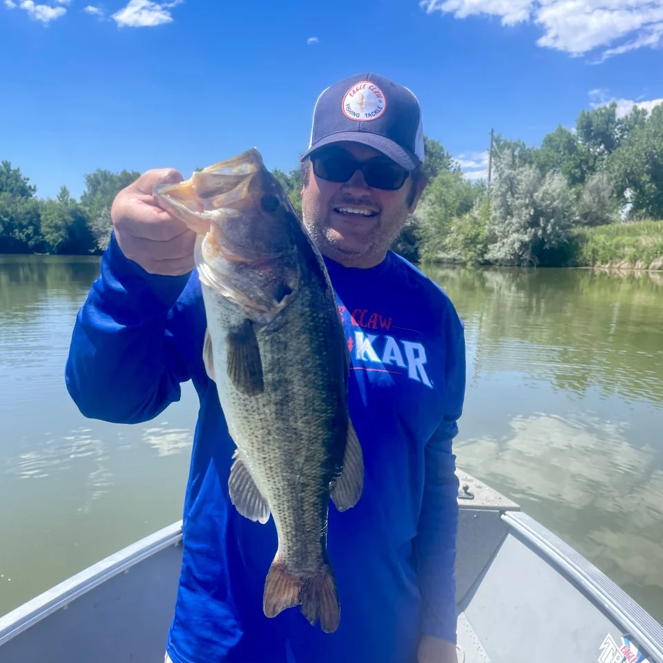 Stefan Hibl holding a giant bass after catching it with a swimbait